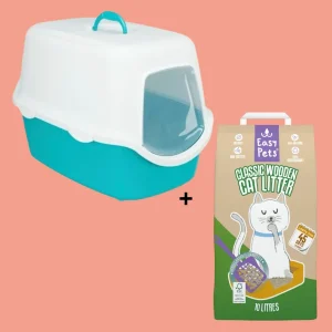 Combideal - Trixie Kattenbak Vico Turquoise / Wit + Easypets Classic Houtkorrels